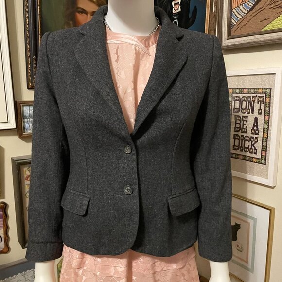 80s Vintage Halston III Petite Charcoal Gray Wool Blend Blazer Jacket Size 6P - Picture 1 of 7